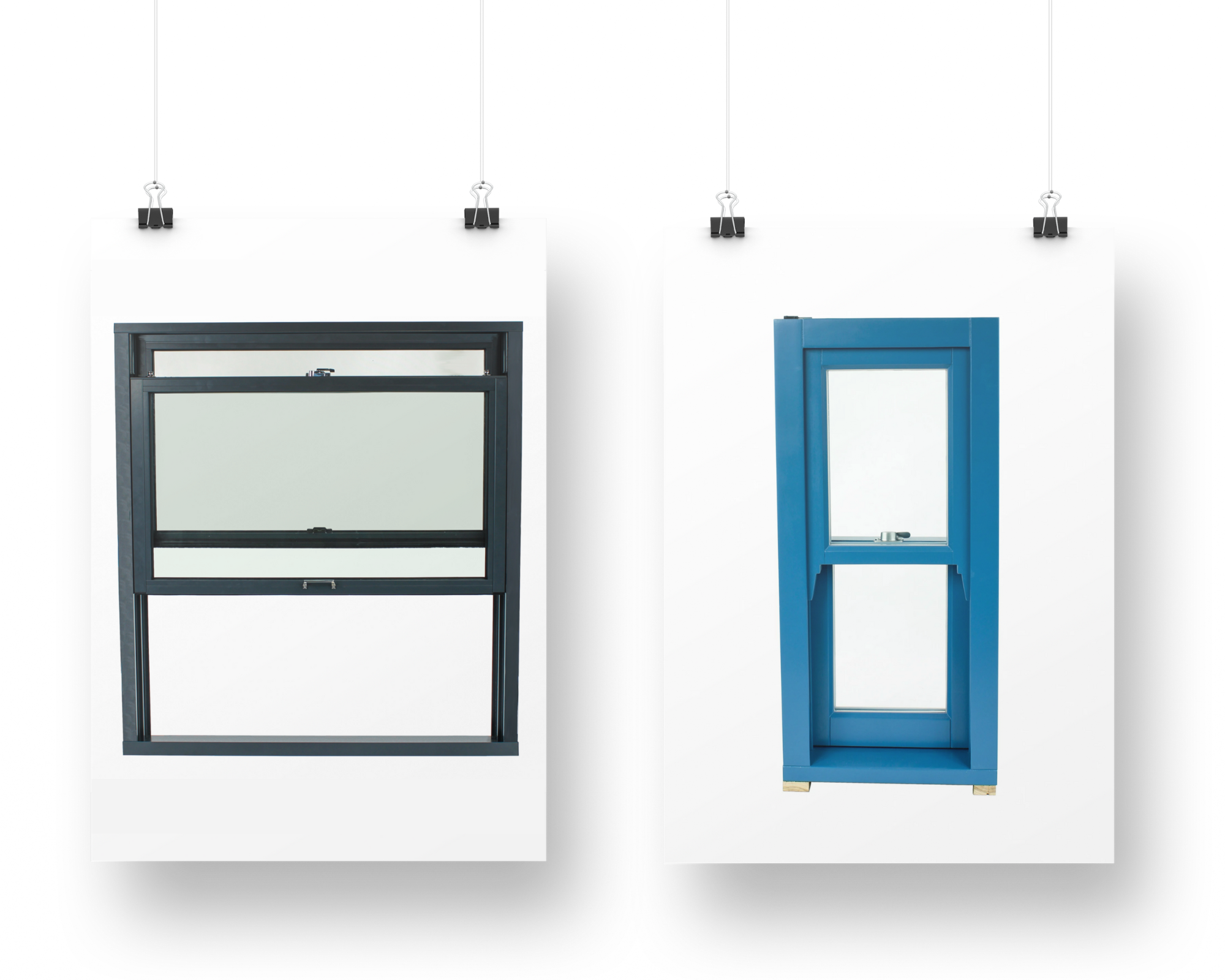drewniane, niebieskie okno oraz antracytowe okno aluminiowe